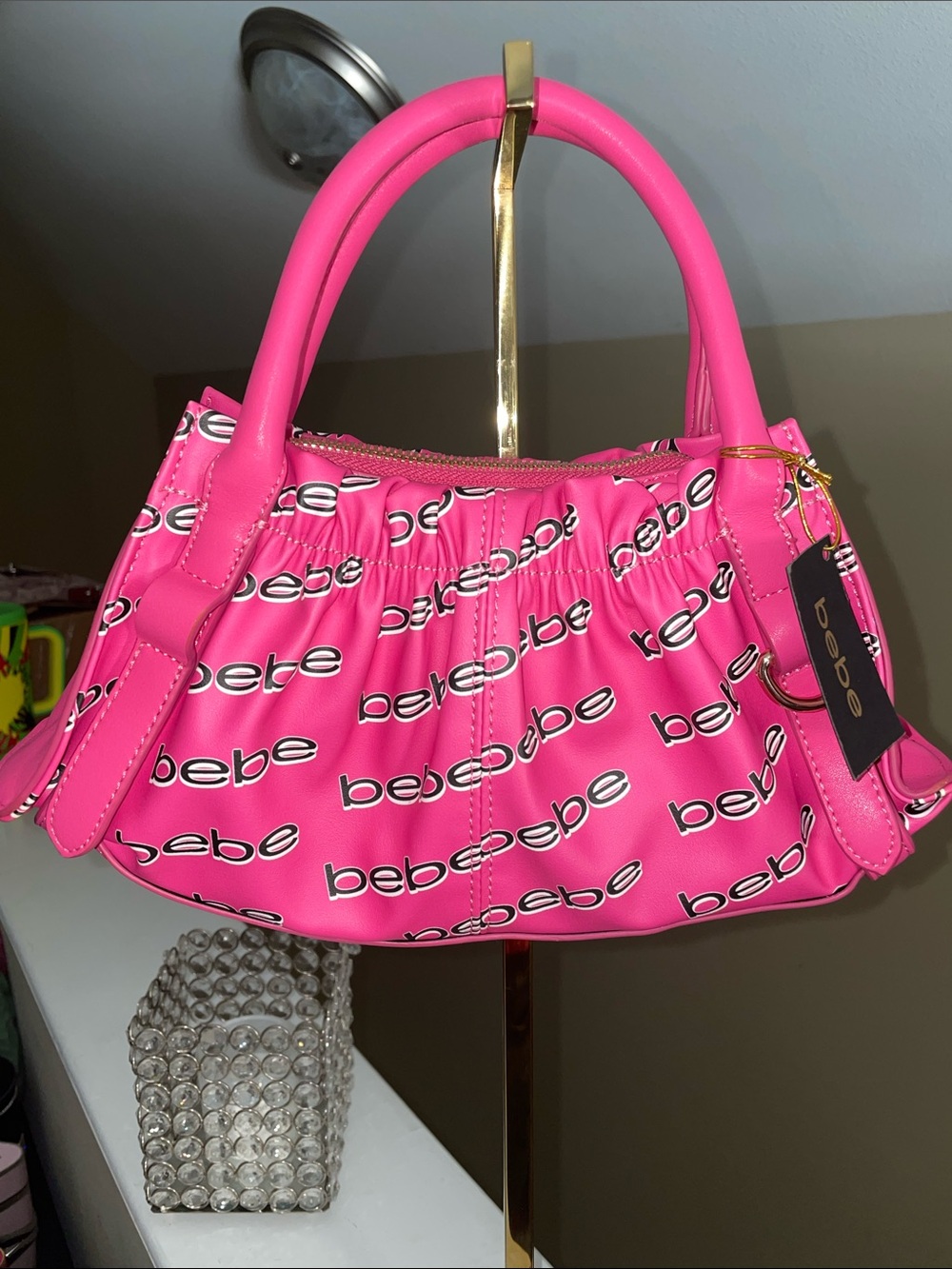 bebe Pink Logo Print Shoulder Bag